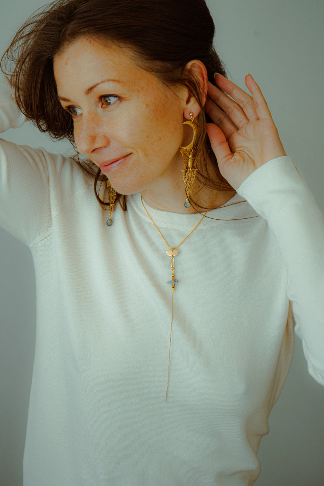 Herkimer Diamond Golden Tri Necklace
