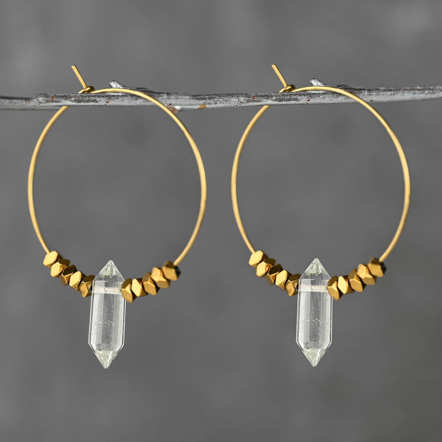 Double Pointed Crystal w/Golden Hematite Beads Hoop Earrings