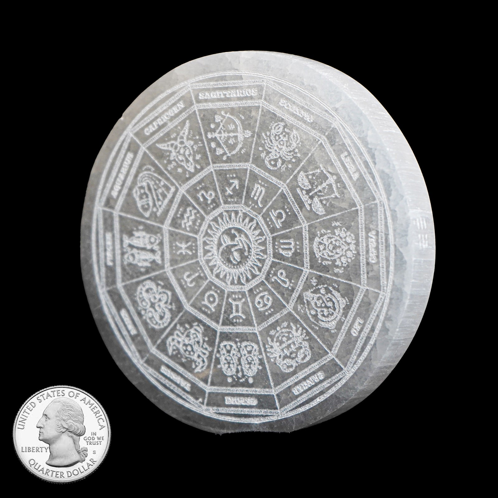 SELENITE TILE WITH ETCHED ZODIAC WHEEL
