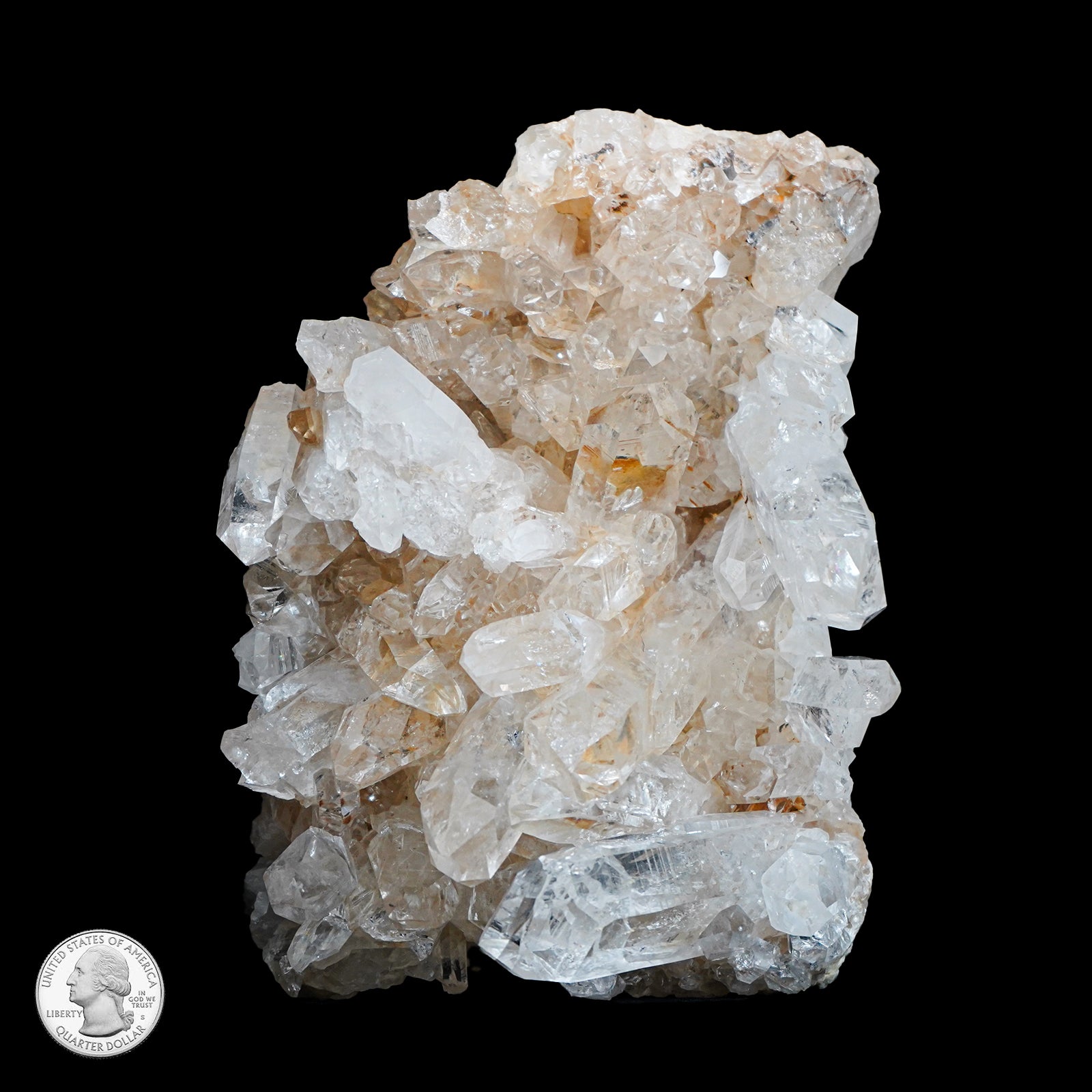 TWO SIDED CLEAR QUARTZ CLUSTER WITH LIMONITE