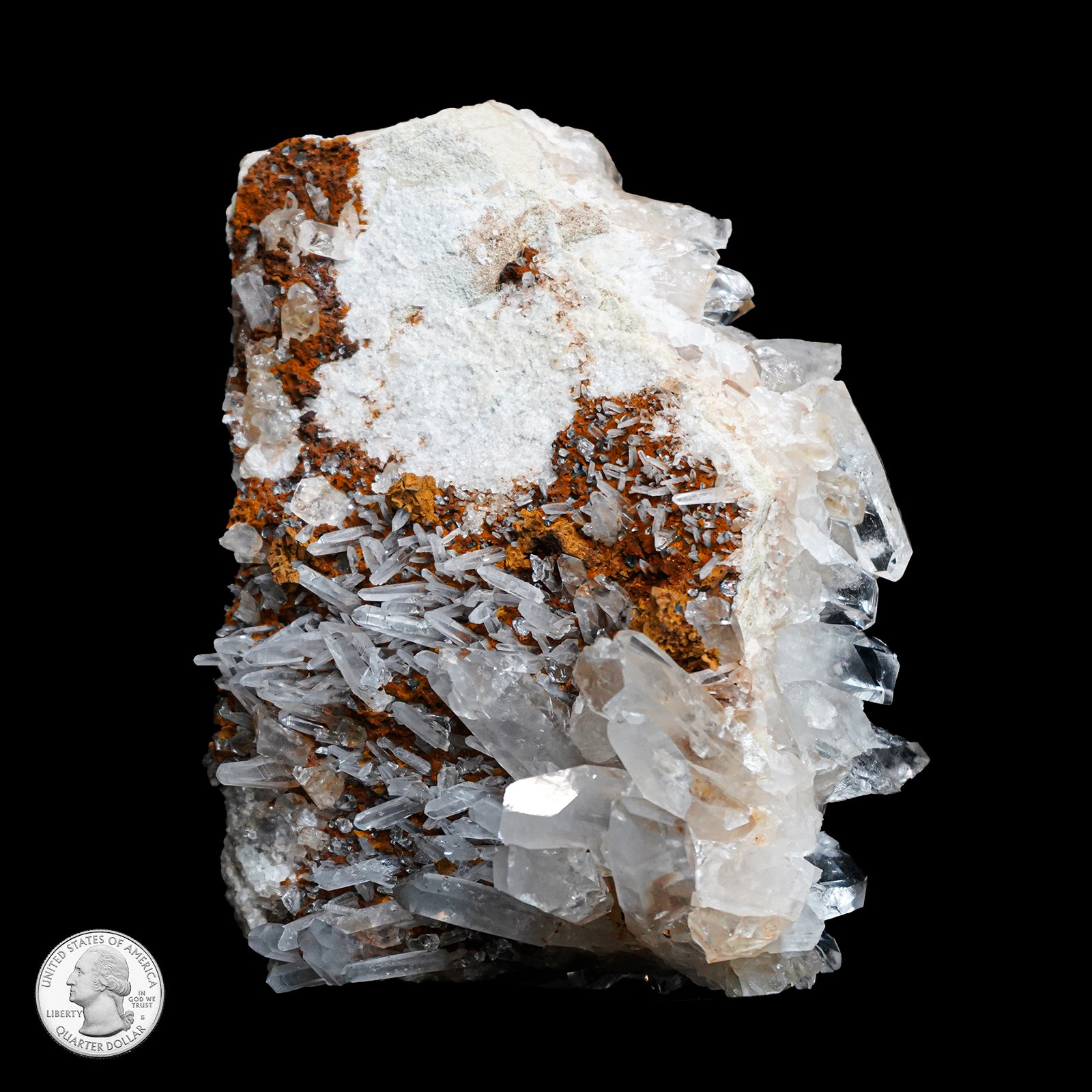 TWO SIDED CLEAR QUARTZ CLUSTER WITH LIMONITE