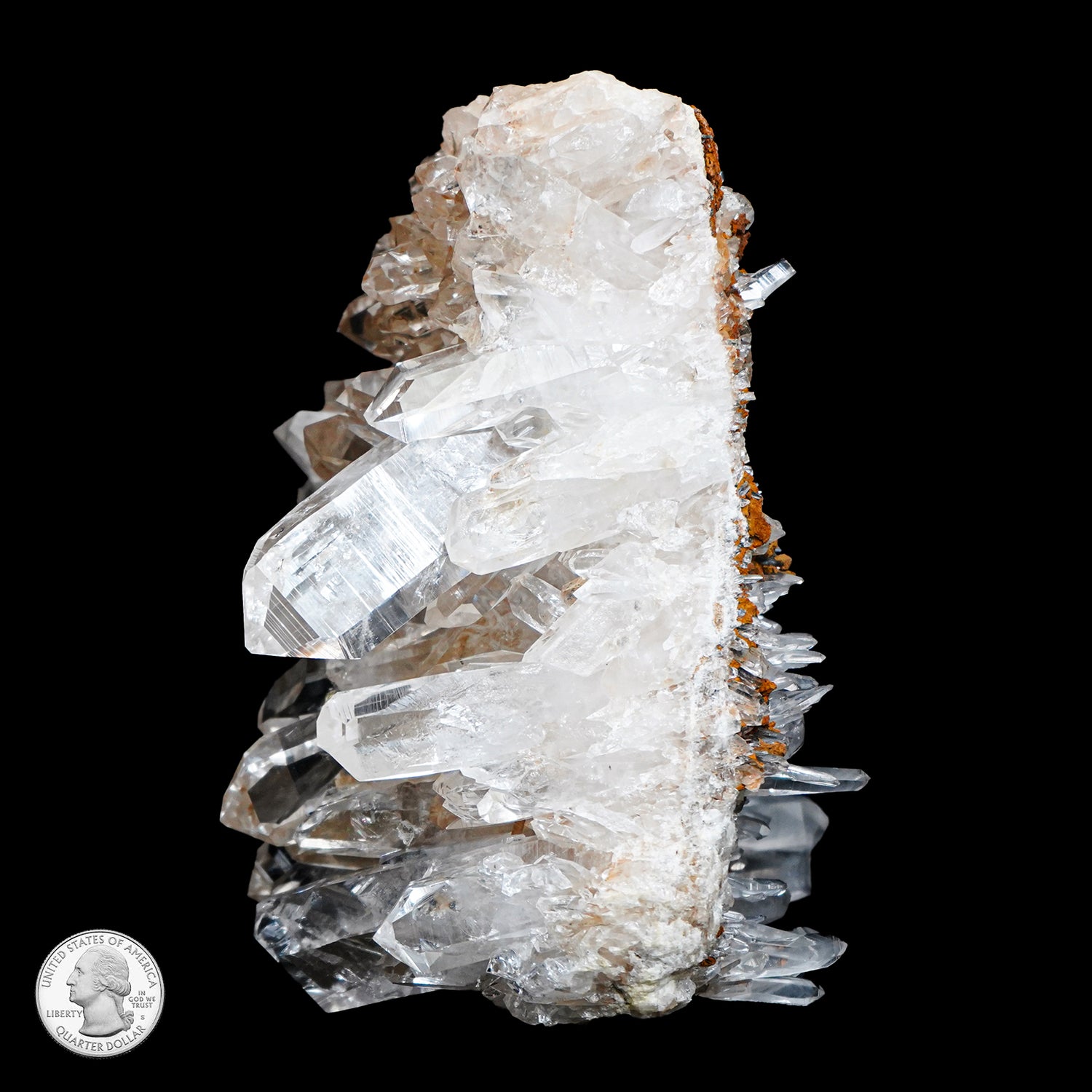 TWO SIDED CLEAR QUARTZ CLUSTER WITH LIMONITE