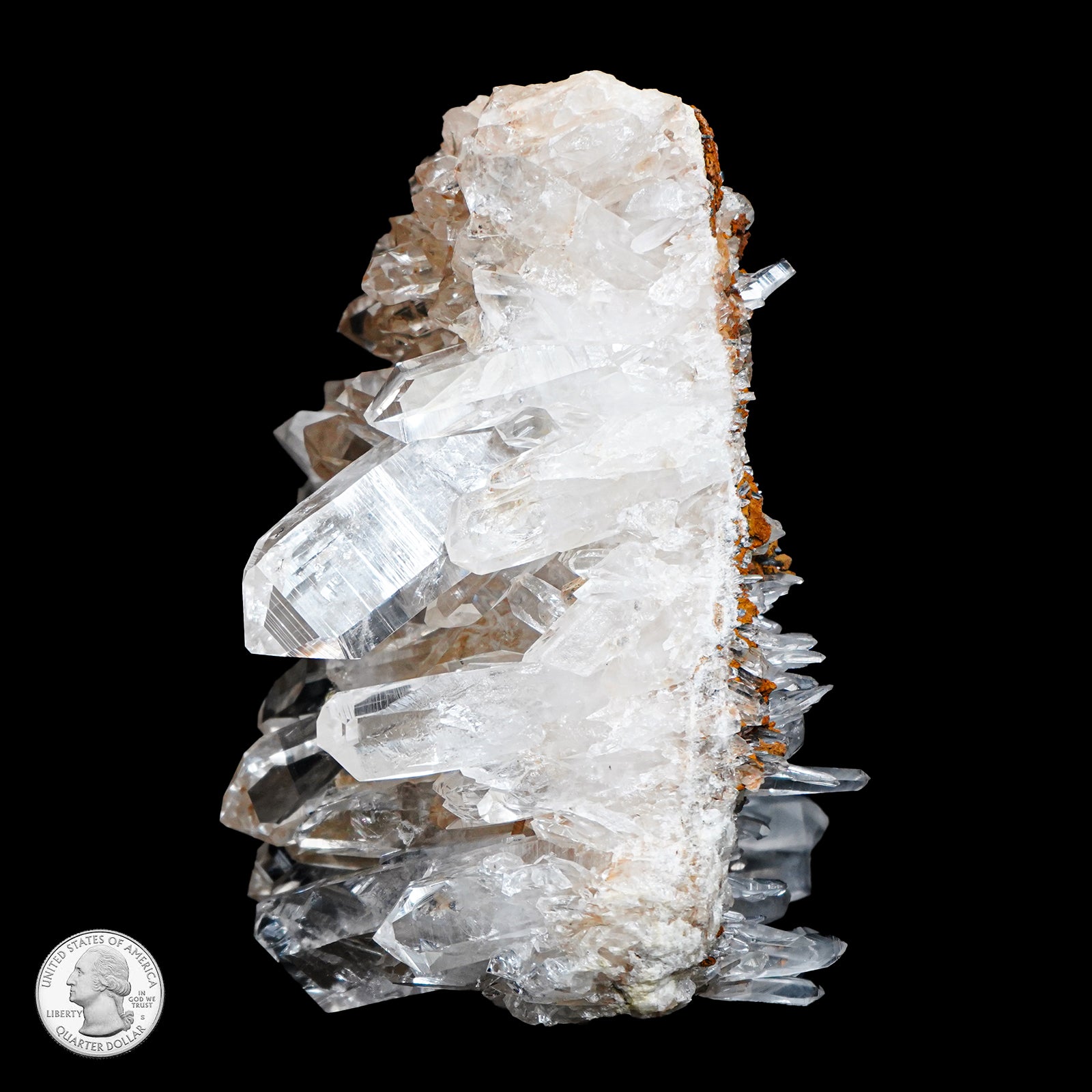 TWO SIDED CLEAR QUARTZ CLUSTER WITH LIMONITE