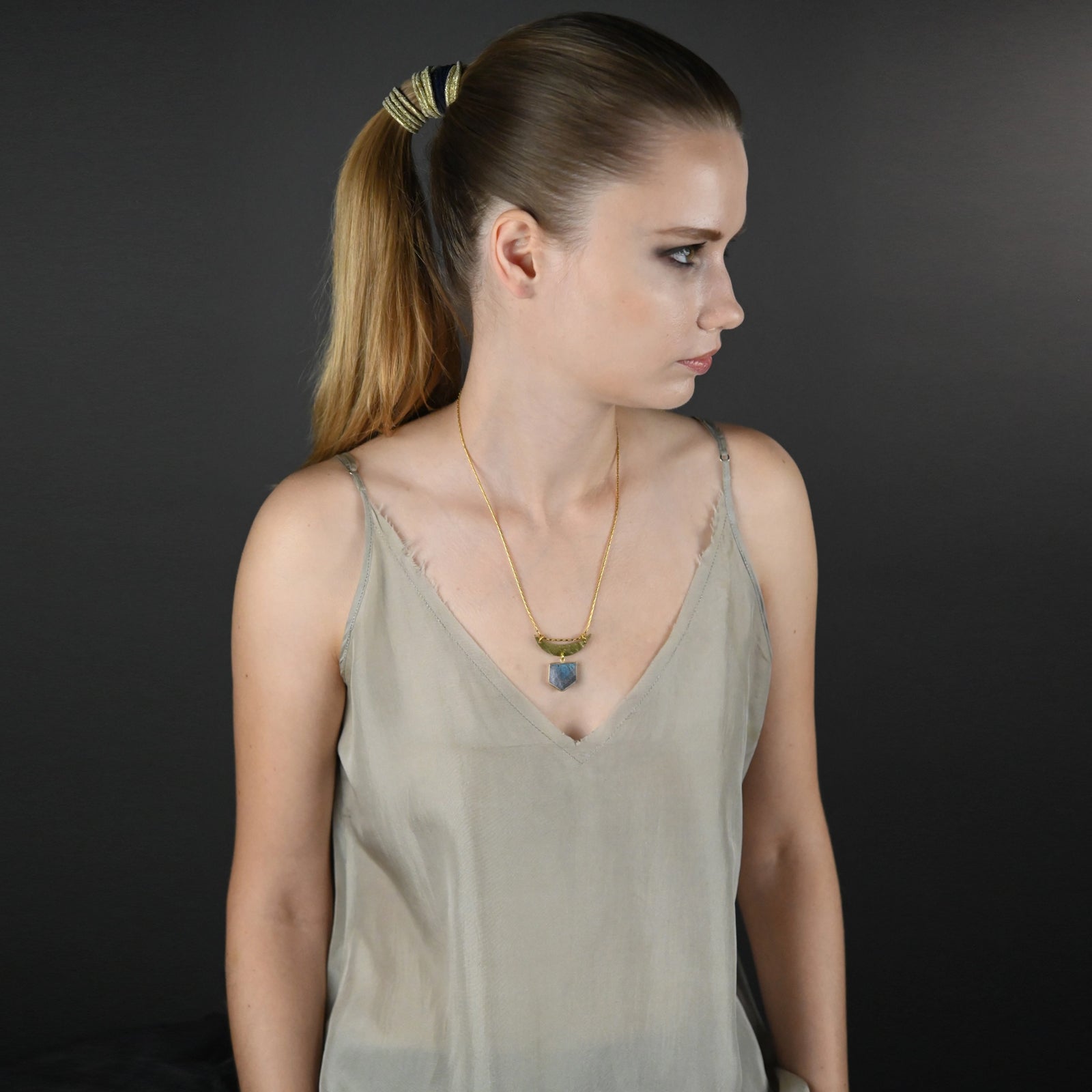 Hammered Moon with Labradorite Shield Necklace