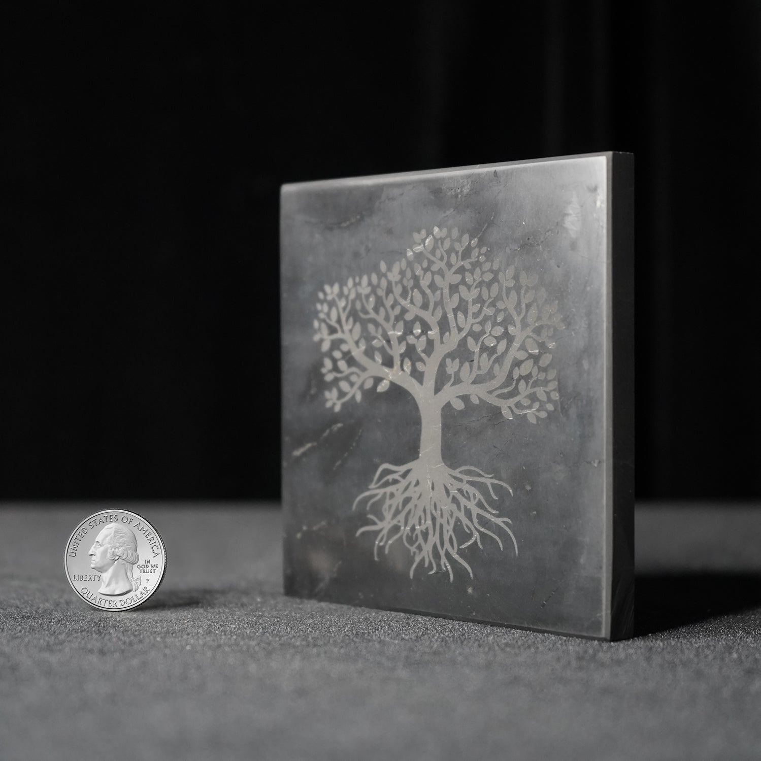 SHUNGITE SQUARE TILE with ENGRAVED TREE OF LIFE