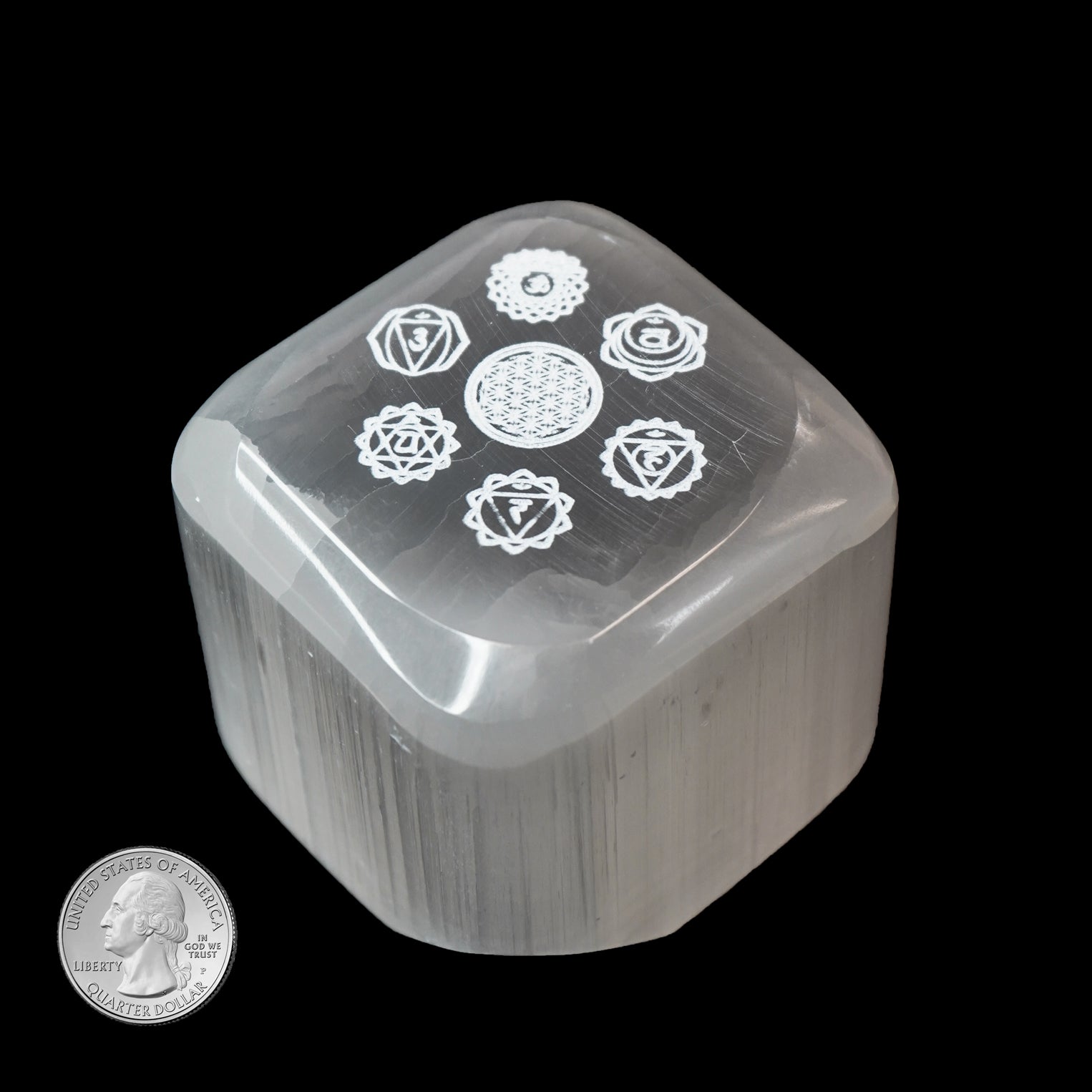 SELENITE CUBE with CHAKRA SYMBOLS