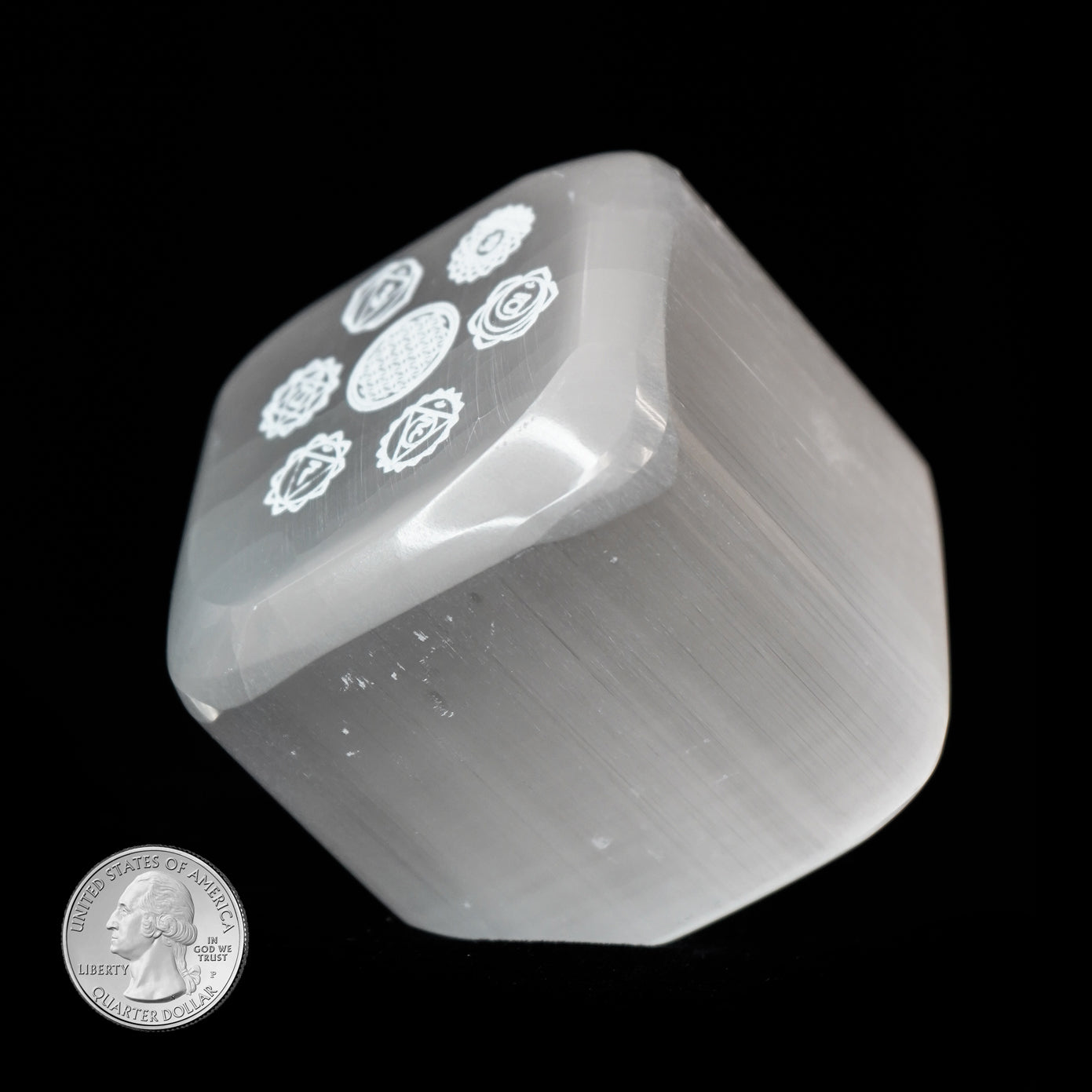 SELENITE CUBE with CHAKRA SYMBOLS