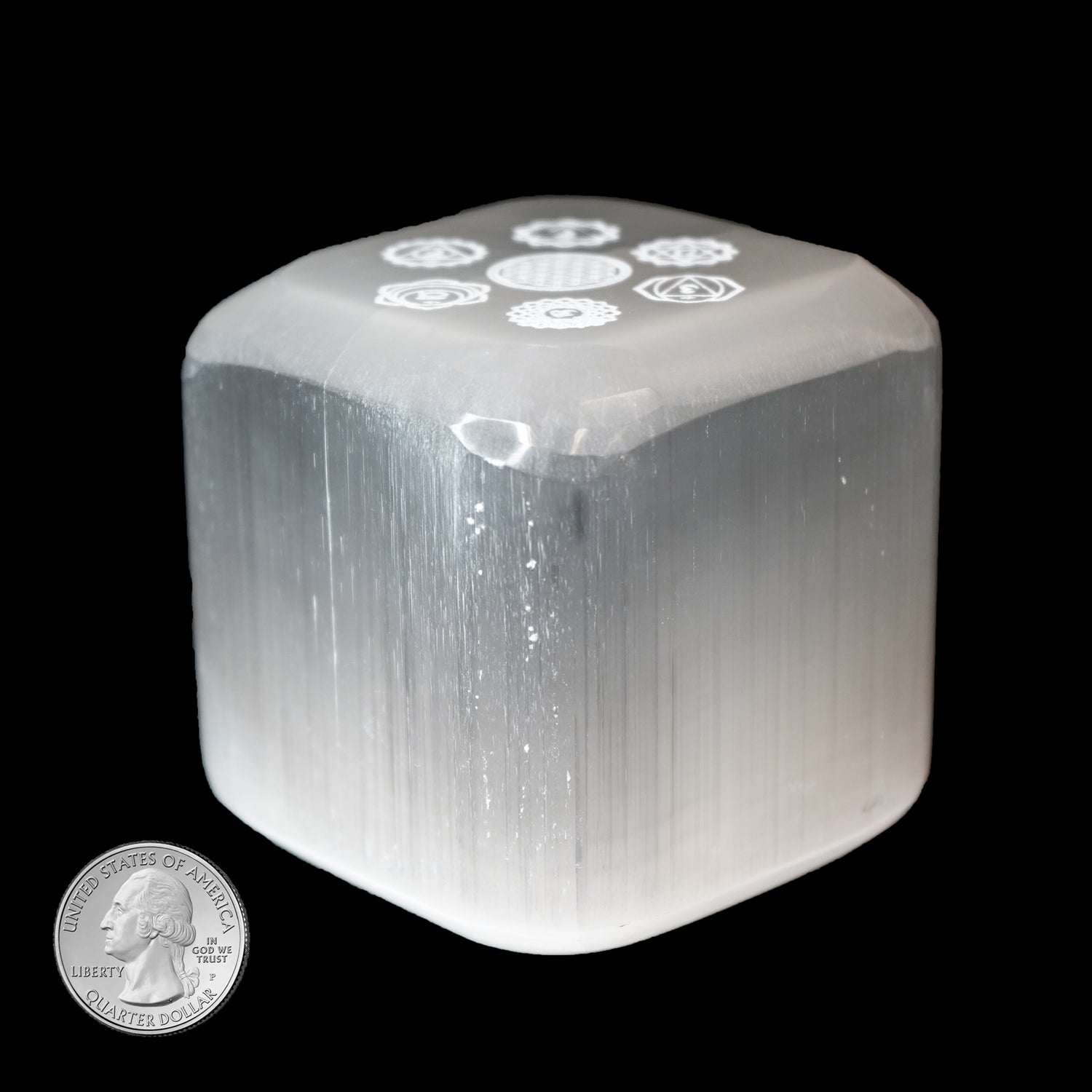 SELENITE CUBE with CHAKRA SYMBOLS