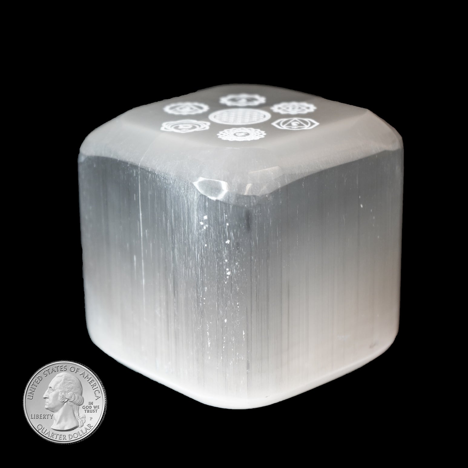 SELENITE CUBE with CHAKRA SYMBOLS