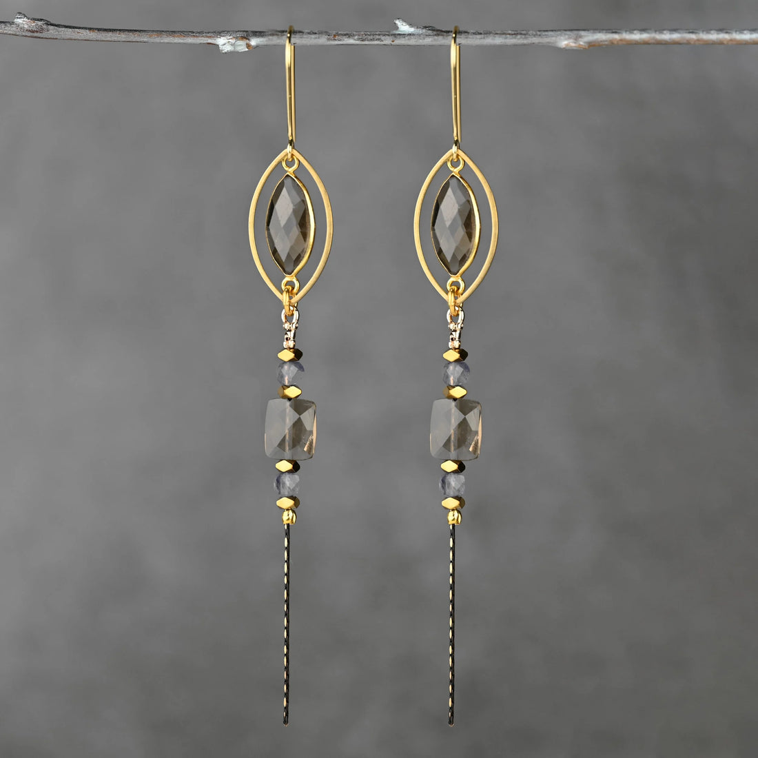 Caged Marquise Smoky Quartz w/Gemstone Nugget Cube Earrings