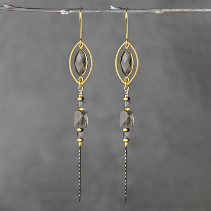 Caged Marquise Smoky Quartz w/Gemstone Nugget Cube Earrings
