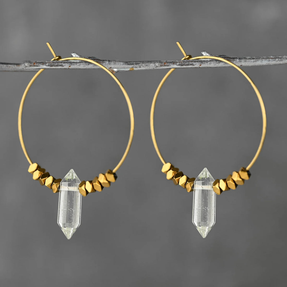 Double Pointed Crystal w/Golden Hematite Beads Hoop Earrings