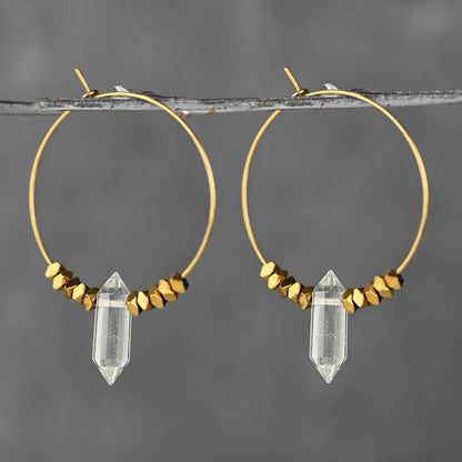 Double Pointed Crystal w/Golden Hematite Beads Hoop Earrings