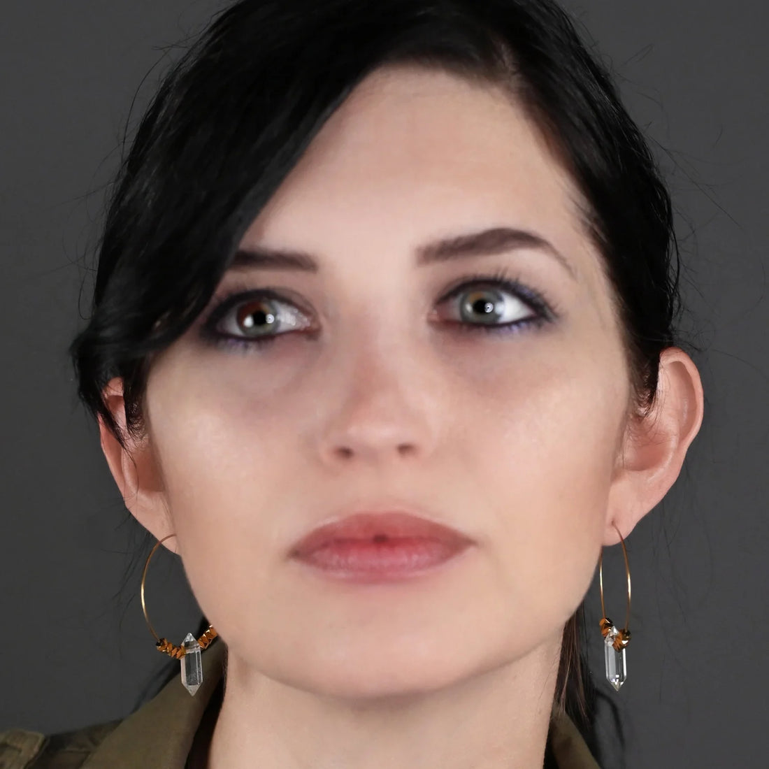 Double Pointed Crystal w/Golden Hematite Beads Hoop Earrings