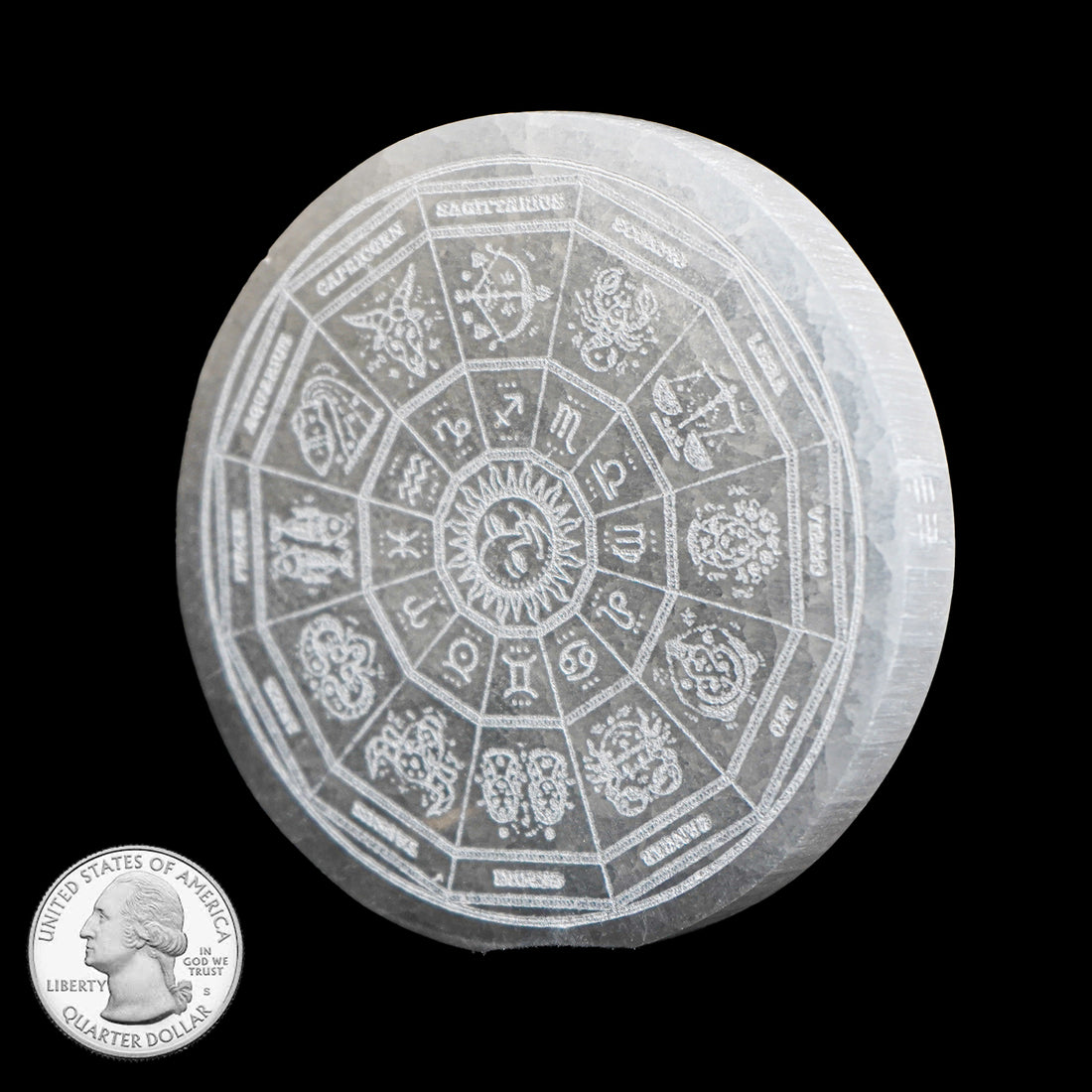 SELENITE TILE WITH ETCHED ZODIAC WHEEL